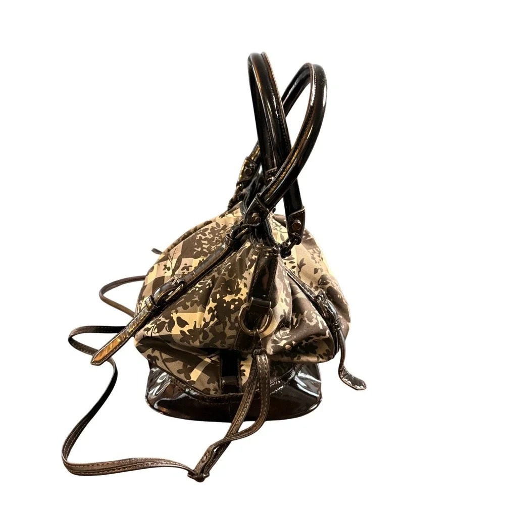 Floral Plaid Check Satchel Bag‎ Black White Patent Trim Purse Tote Crossbody